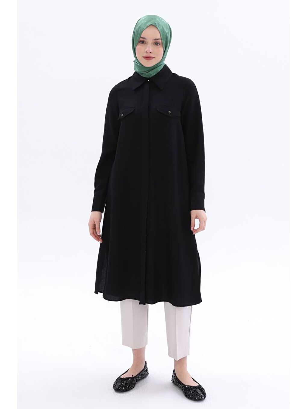 Siyah-Yırtmaçlı Keten Gömlek Tunik-1