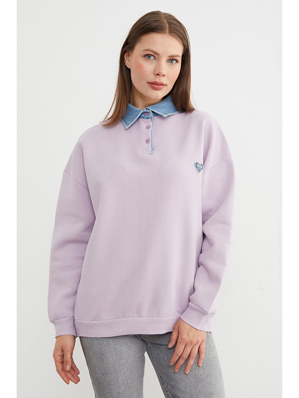 Lila 3 İplik Kalp Nakışlı Polo Yaka Denim Detaylı Sweatshirt-3