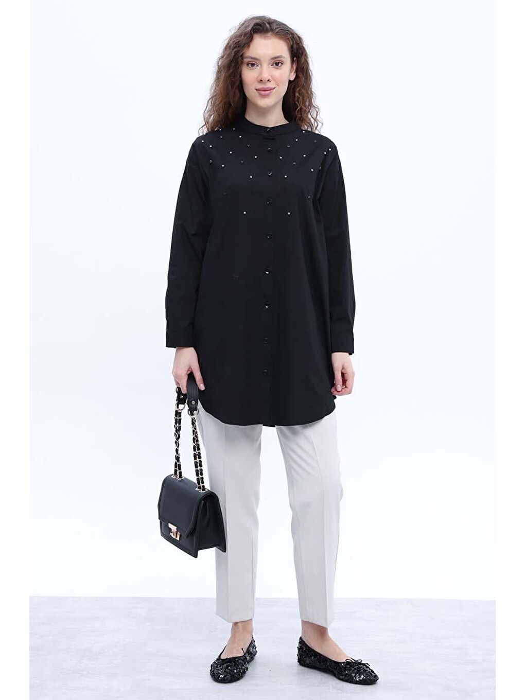 Siyah-Pamuklu Taş Detaylı Gömlek Tunik-1