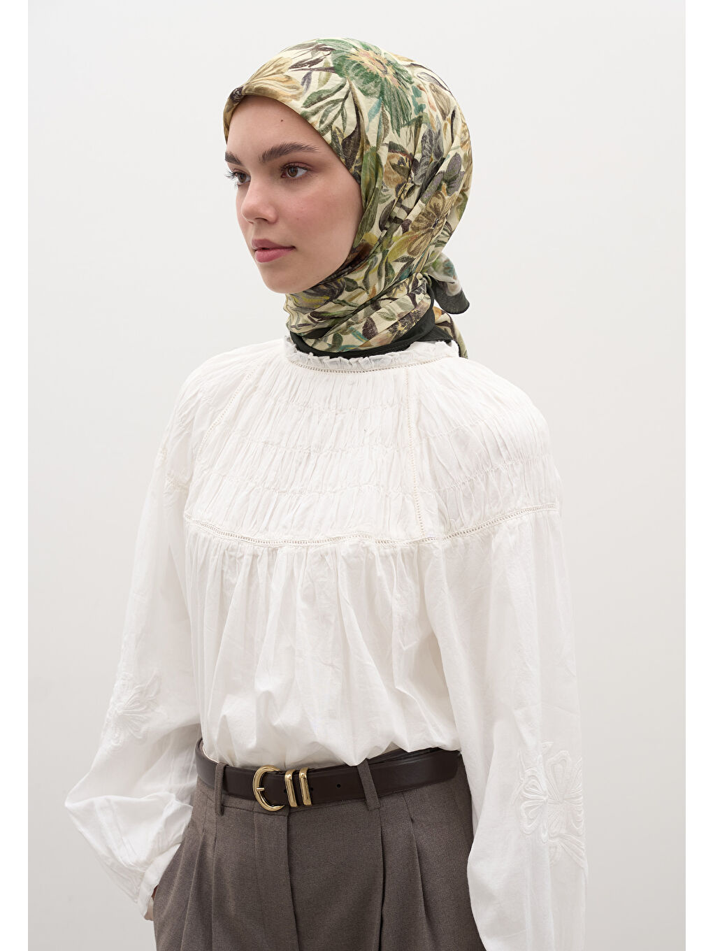 Vıntage Garden Desen Pamuklu Viskon Eşarp Yeşil