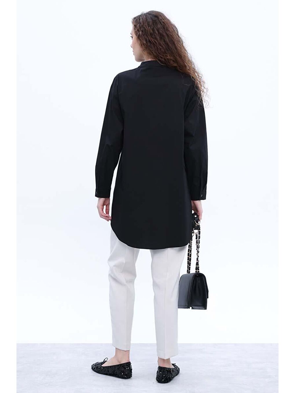 Siyah-Pamuklu Taş Detaylı Gömlek Tunik-3