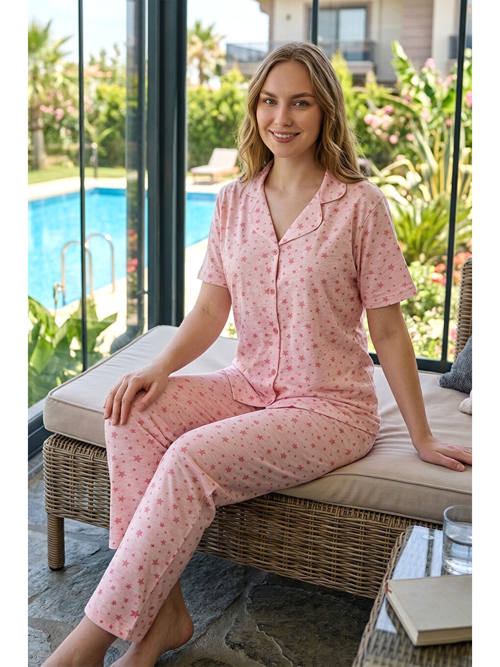 Pembe Kadın Desenli Kısa Kol Suprem Pijama Takımı 0581 Pudra05-2