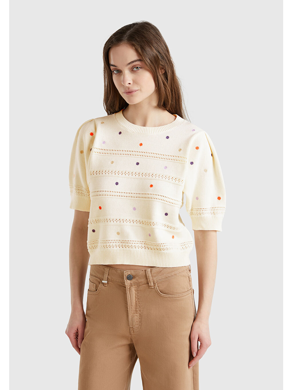 Ekru Kadın Krem %100 Pamuk Desenli Yarım Kol Regular Fit Bisiklet Yaka Kazak