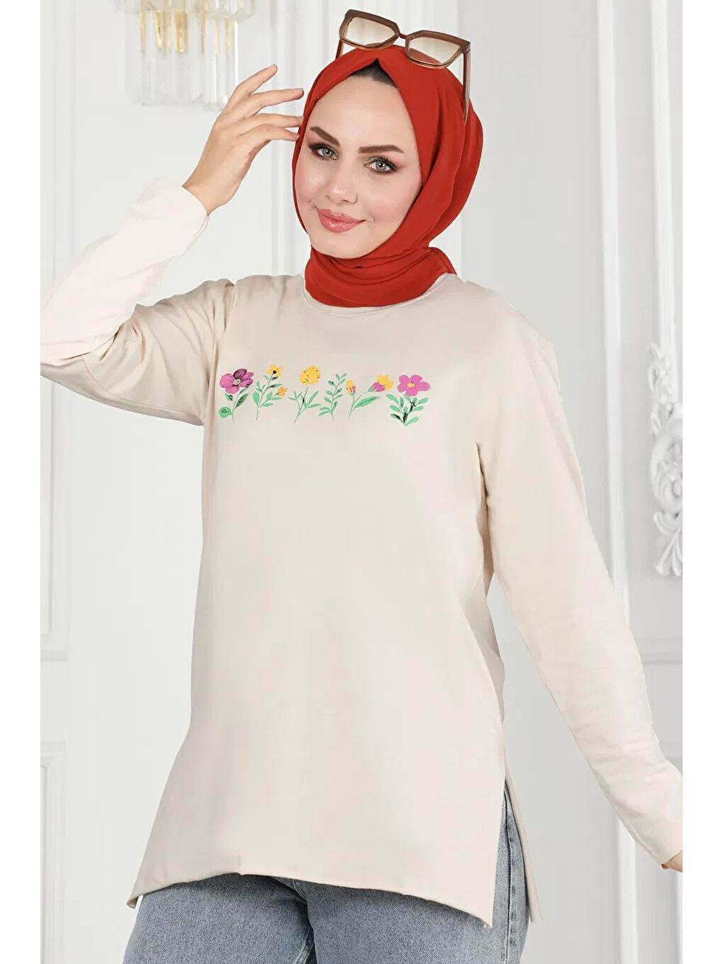 Bej Kadın Bisiklet Yaka Çiçek Baskılı Tunik Tas - 26628