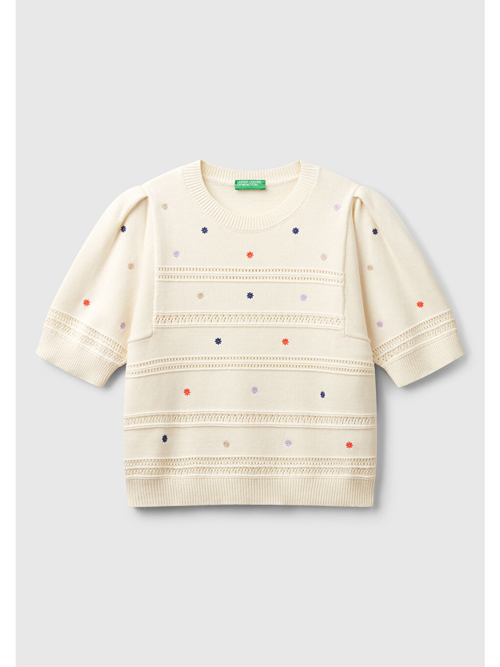 Ekru Kadın Krem %100 Pamuk Desenli Yarım Kol Regular Fit Bisiklet Yaka Kazak-1