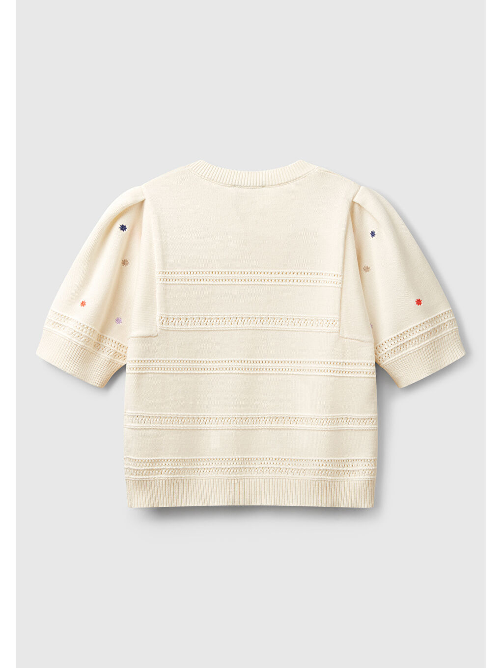 Ekru Kadın Krem %100 Pamuk Desenli Yarım Kol Regular Fit Bisiklet Yaka Kazak-3