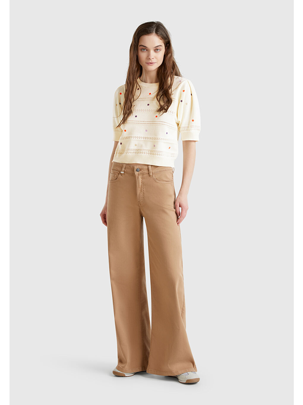 Ekru Kadın Krem %100 Pamuk Desenli Yarım Kol Regular Fit Bisiklet Yaka Kazak-4