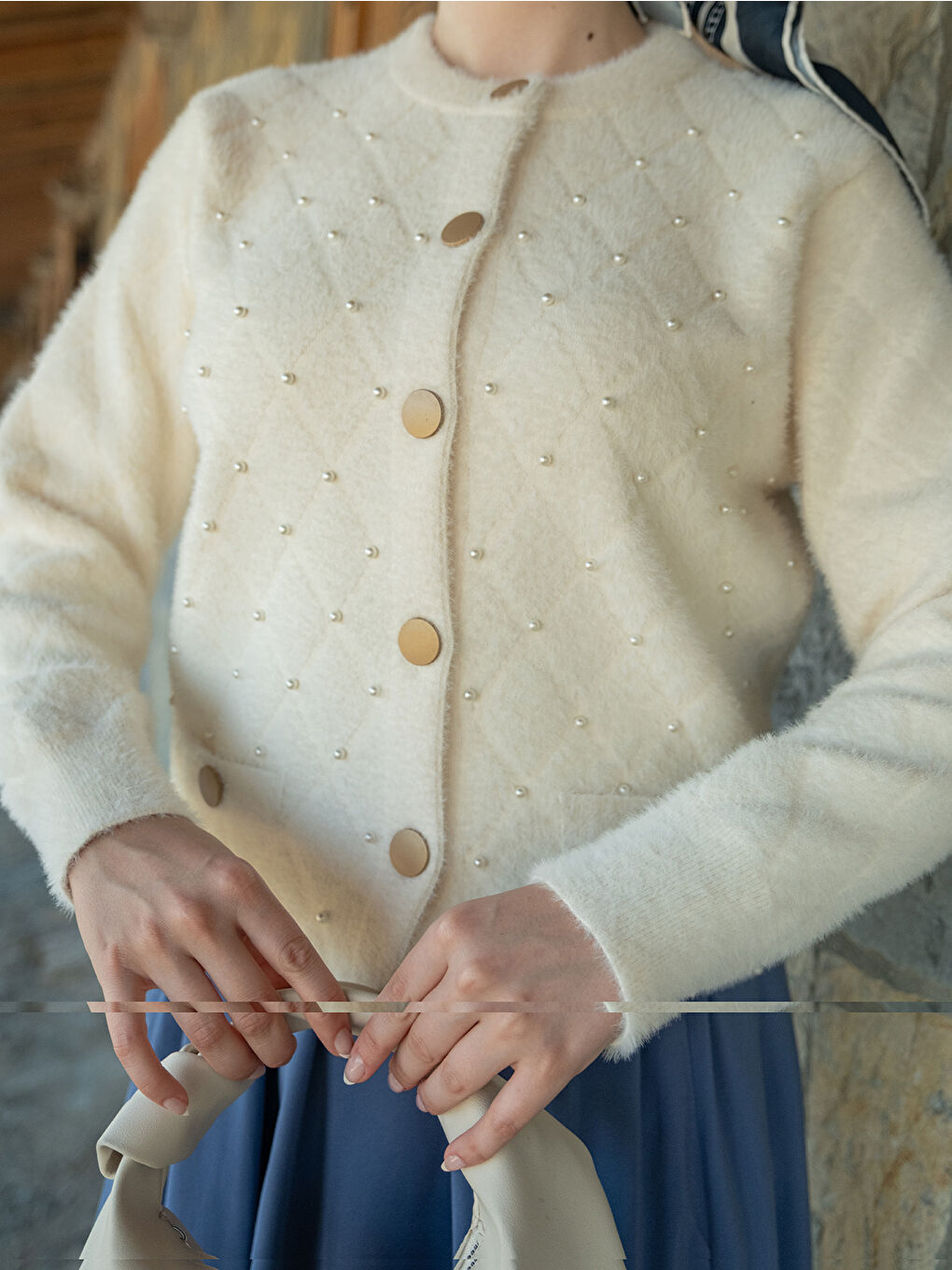 Kadın İnci Detay Triko Ceket Bej-3