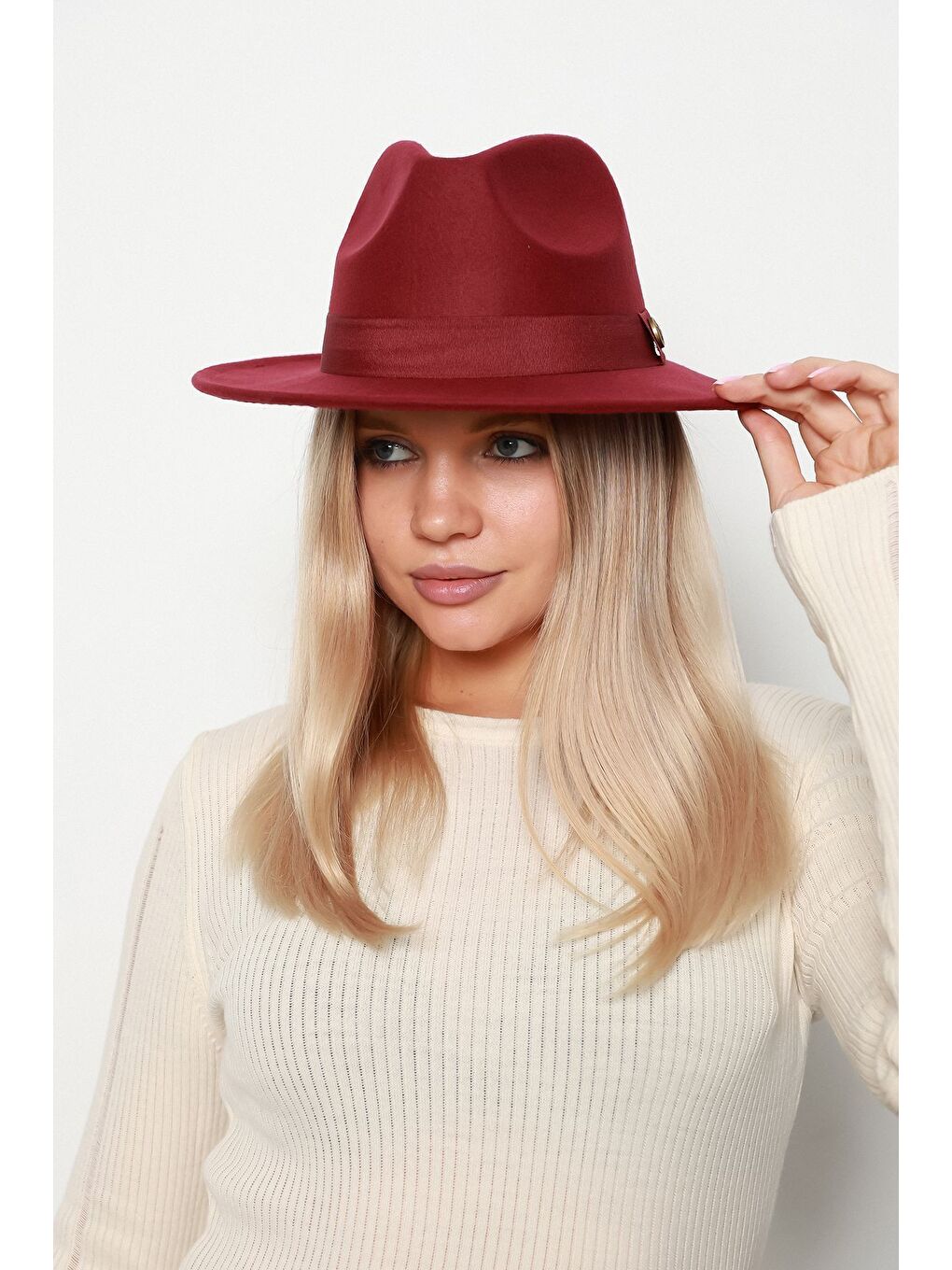 Bordo İthal Geniş Kenarlıklı Ayarlanabilir Fedora Fötr Kaşe Panama Şapka Spk1145-2