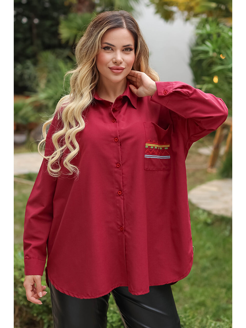 Cep Nakışlı Gömlek Bordo - 13248