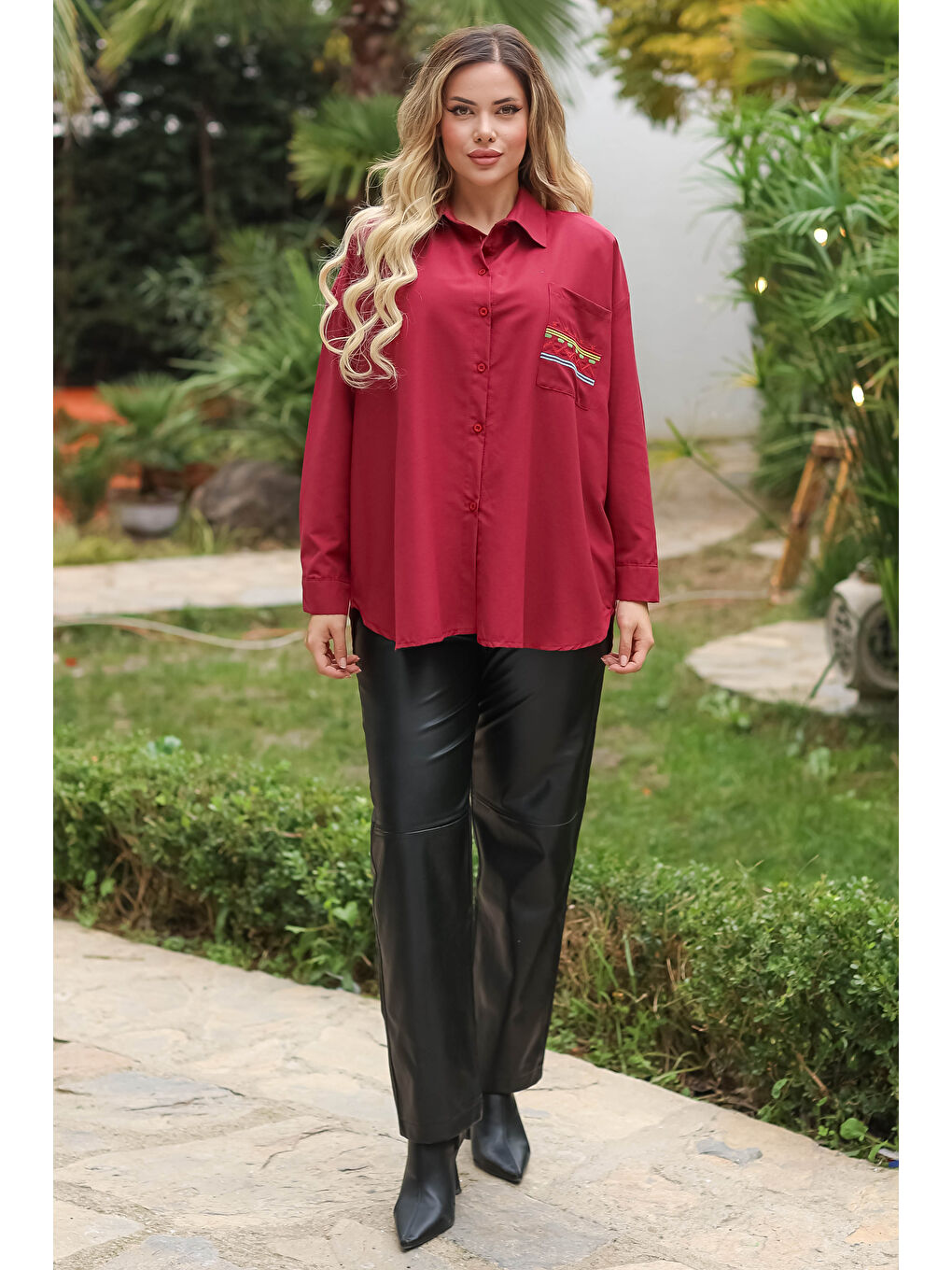 Cep Nakışlı Gömlek Bordo - 13248-1