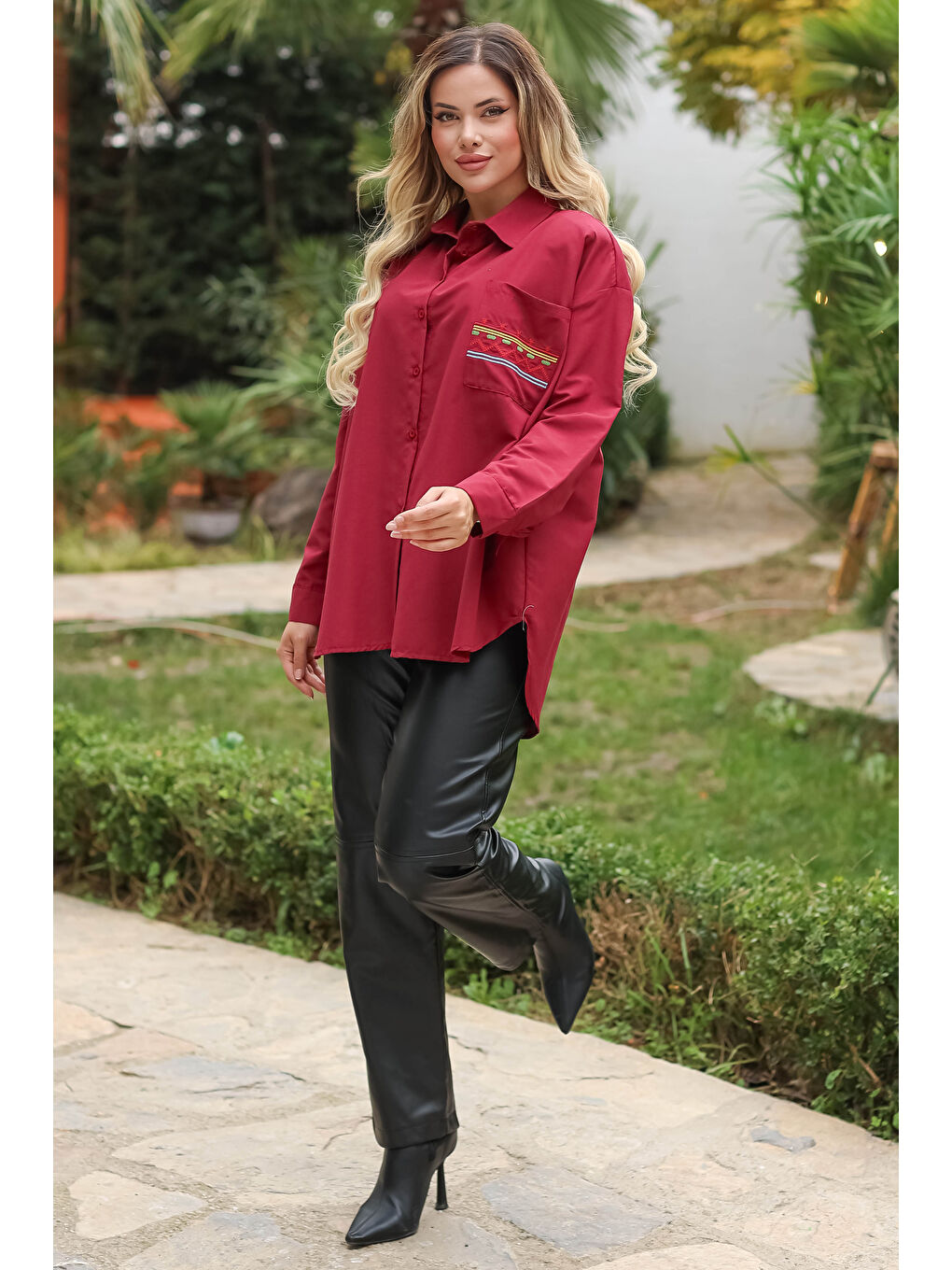 Cep Nakışlı Gömlek Bordo - 13248-2