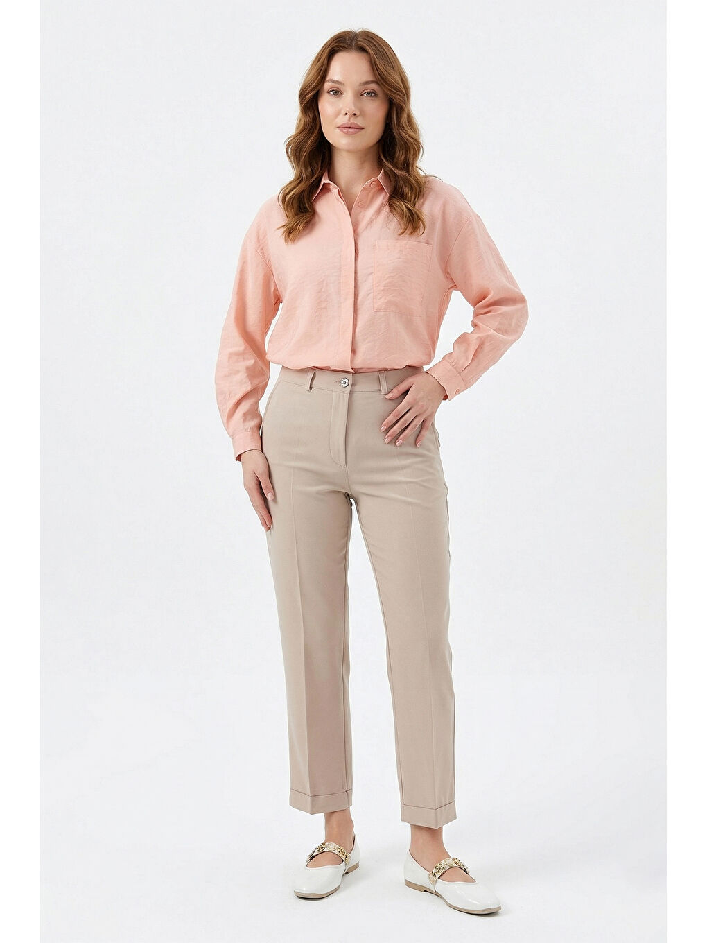 Büyük Beden Kadın Yırtmaç Detay Bilek Boy Kumaş Pantolon 07 Bej-4