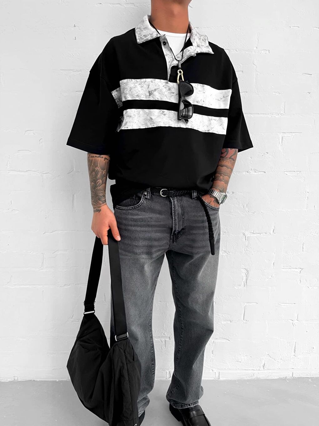 Erkek Polo Yaka Yıkamalı Şeritli Oversize Tişört Siyah-1