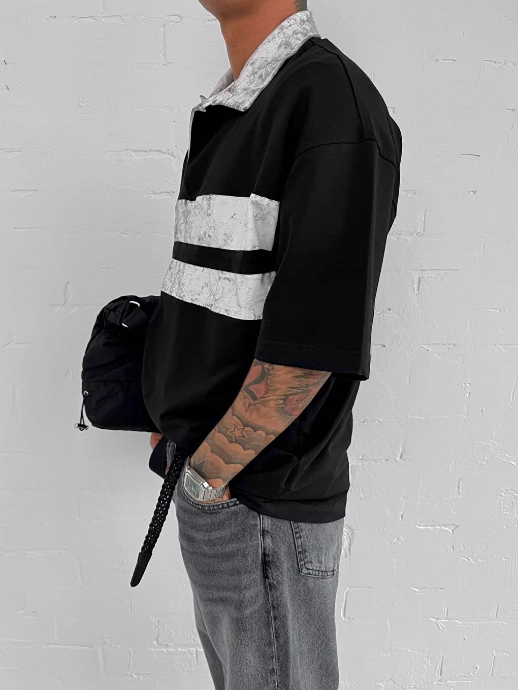 Erkek Polo Yaka Yıkamalı Şeritli Oversize Tişört Siyah-2