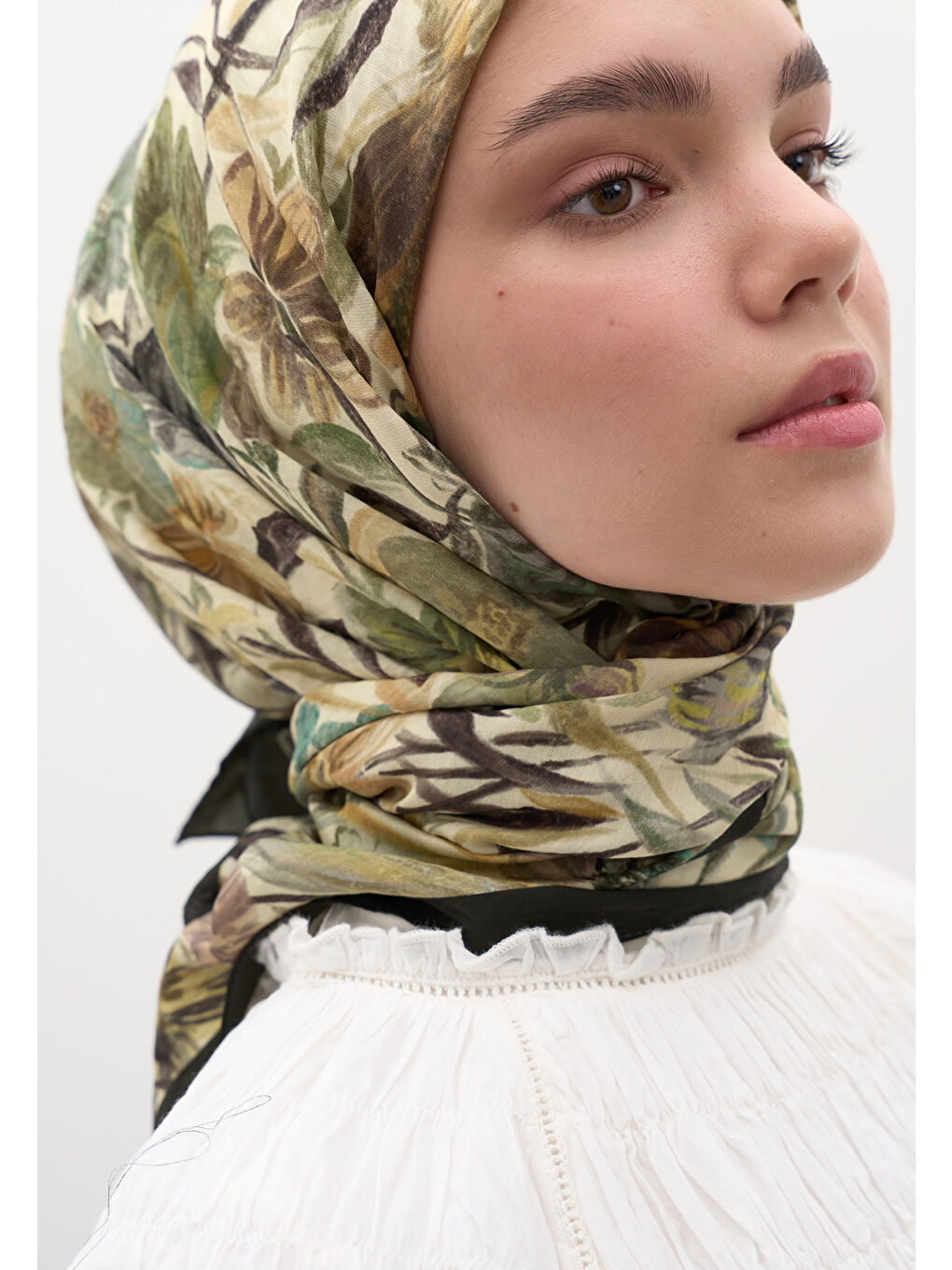 Vıntage Garden Desen Pamuklu Viskon Eşarp Yeşil-3