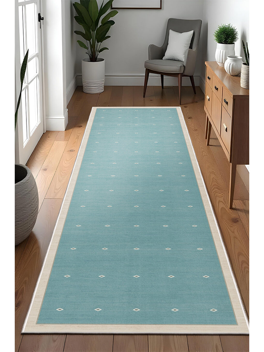 Mavi Dekoratif Özel Tasarım Yıkanabilir İnce Kaymaz Tabanlı Modern Halı KECE FR39-4