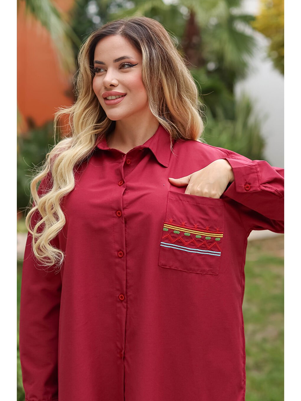 Cep Nakışlı Gömlek Bordo - 13248-4