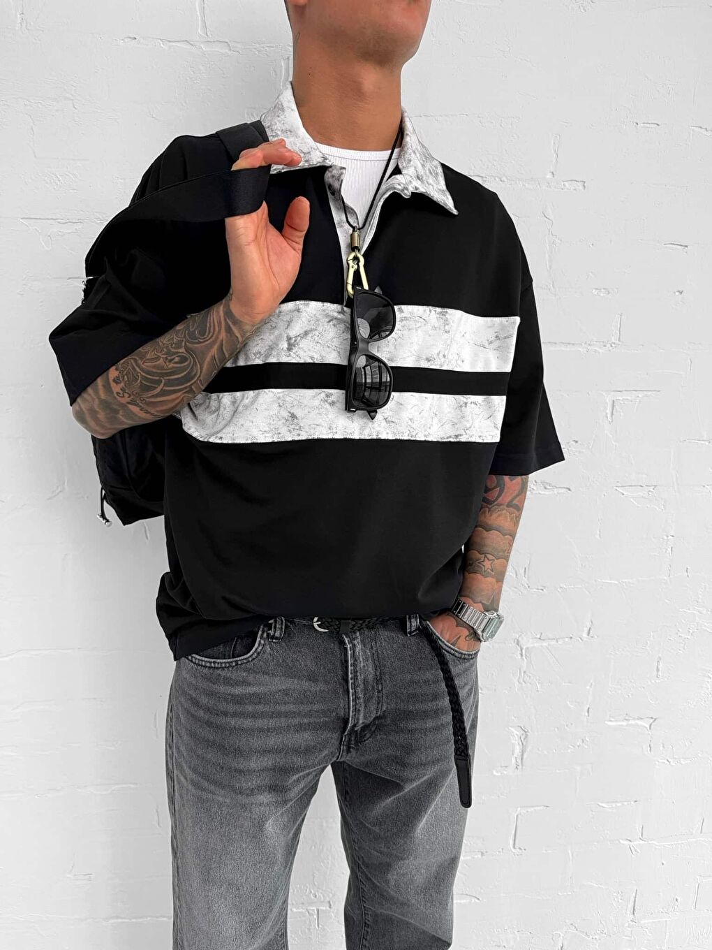 Erkek Polo Yaka Yıkamalı Şeritli Oversize Tişört Siyah-4