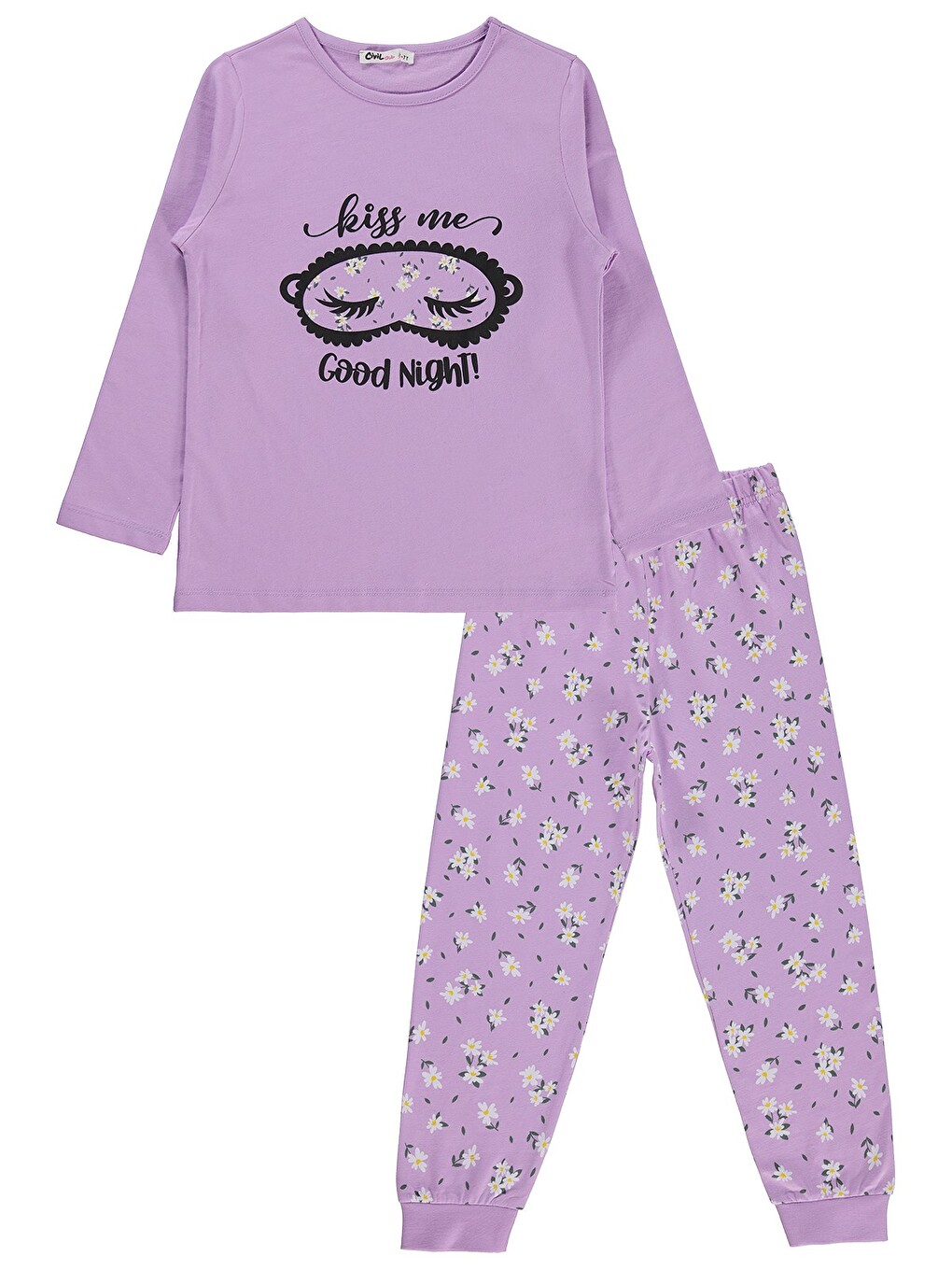 Girls Çiçek Desenli 6-9 Yaş Pijama Takımı - Lila-1
