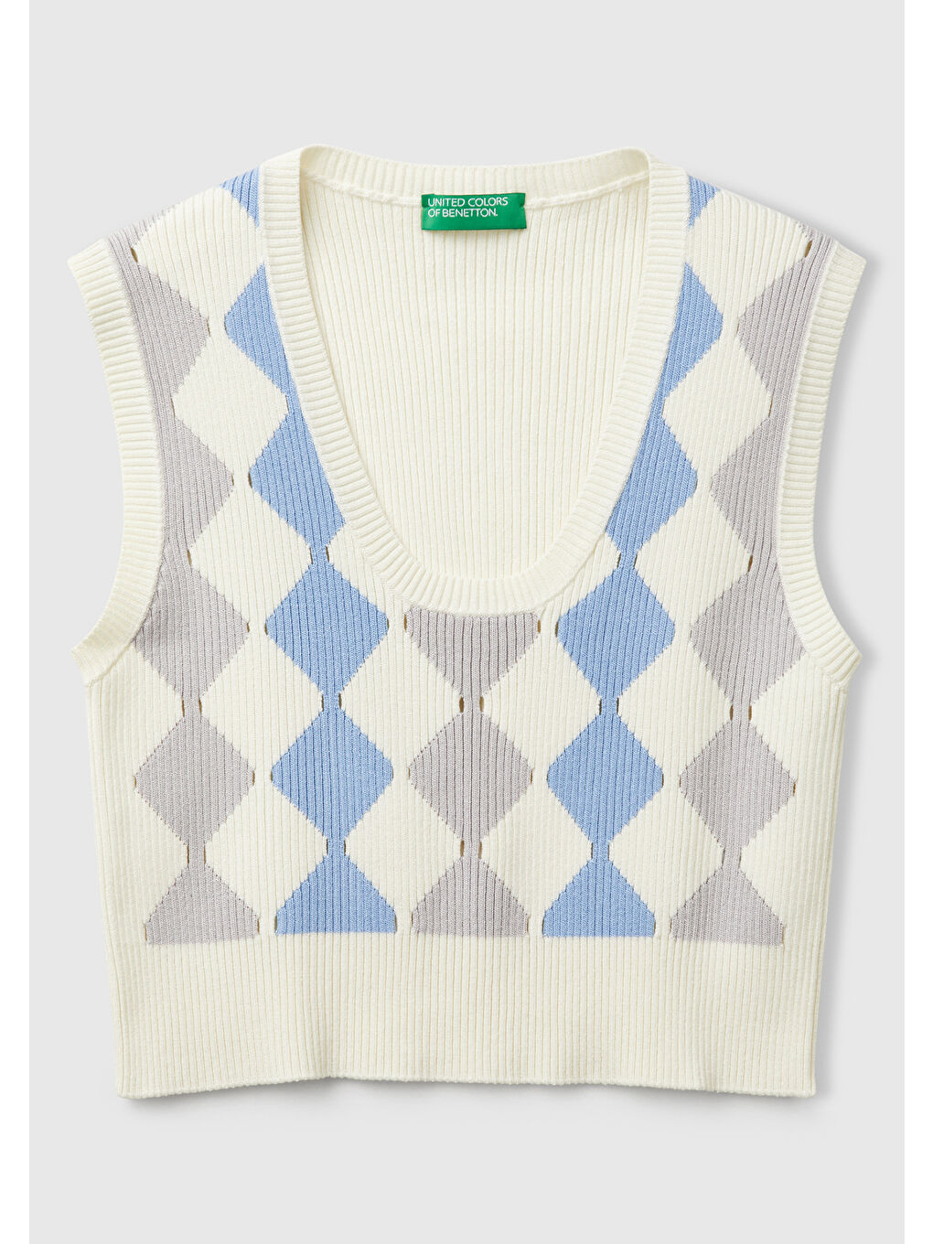 United Colors Of Benetton Ekru Kadın Krem Baklava Desenli Nervür Detaylı Ribanalı Crop Süveter - 1