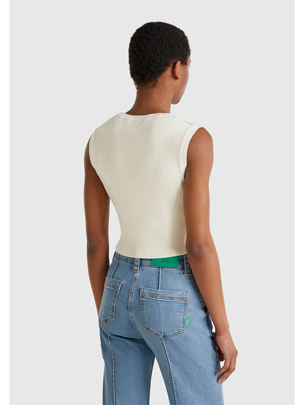 United Colors Of Benetton Ekru Kadın Krem Baklava Desenli Nervür Detaylı Ribanalı Crop Süveter - 2