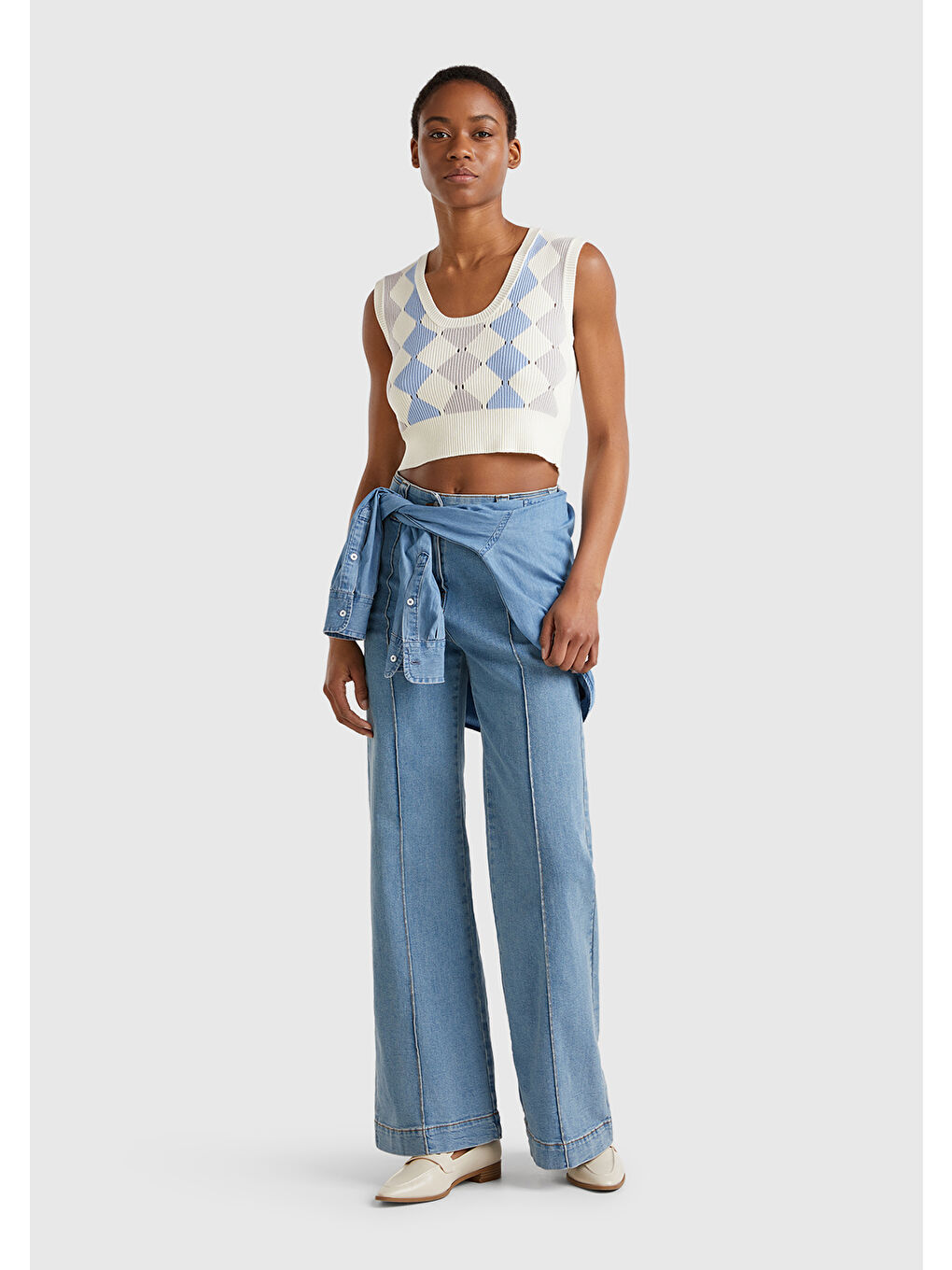 United Colors Of Benetton Ekru Kadın Krem Baklava Desenli Nervür Detaylı Ribanalı Crop Süveter - 4