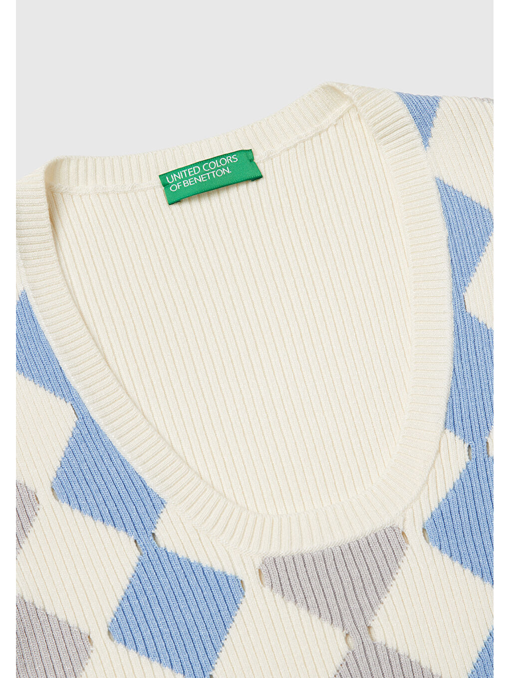 United Colors Of Benetton Ekru Kadın Krem Baklava Desenli Nervür Detaylı Ribanalı Crop Süveter - 5