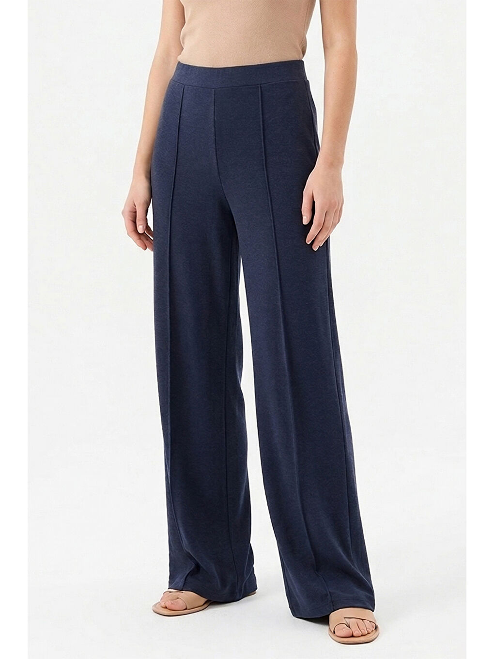 Önü Nervürlü Lyocel Örme Bol Paça Pantolon 343 Lacivert