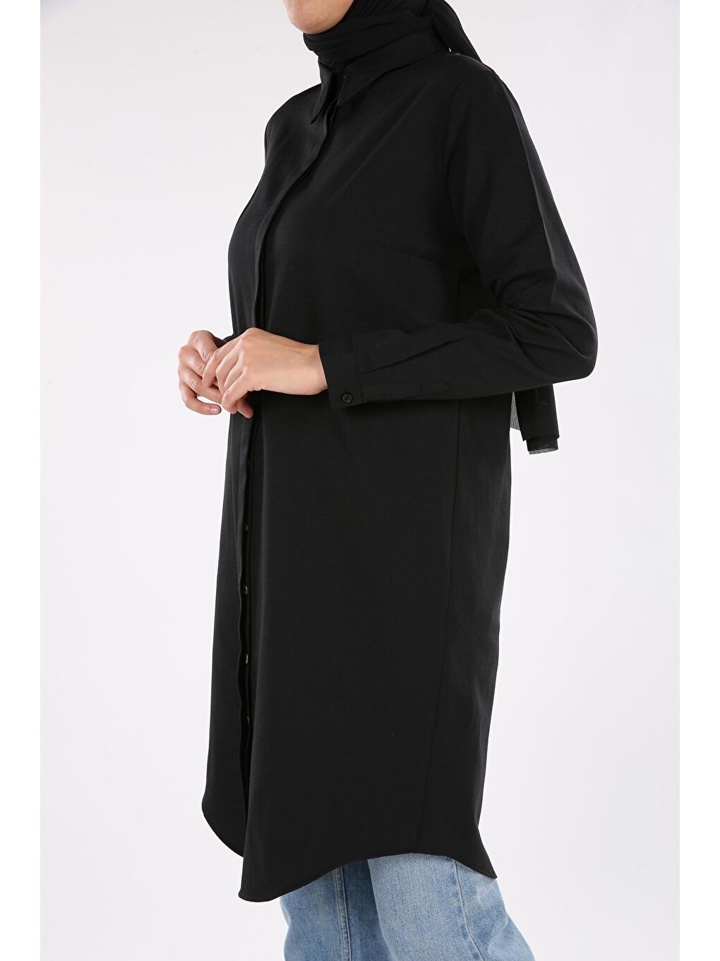 Siyah Gizli Patlı Basic Gömlek Tunik-1