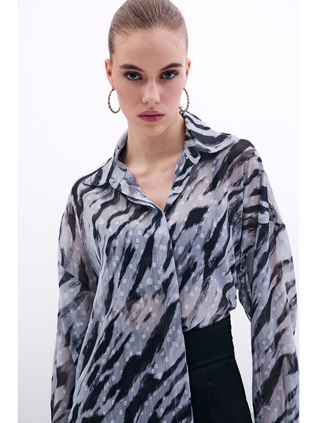 Desenli Salaş Gömlek - Siyah-4