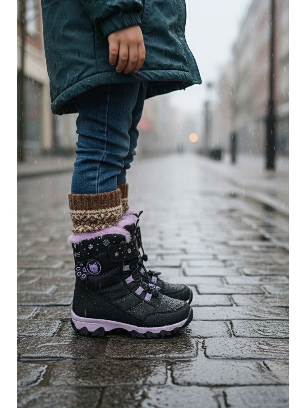 Siyah TİGGER İçi Kürklü Bağcıklı ve Cırtlı Kız Çocuk Bot-5