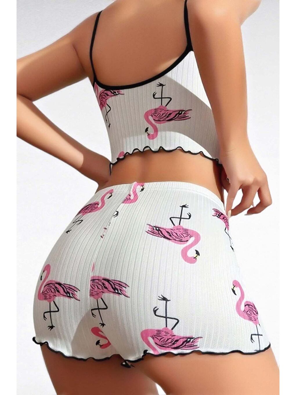 Beyaz Flamingo Desenli Şortlu Pijama Takımı-2