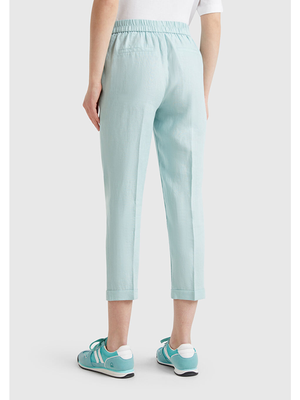 Turkuaz Kadın Su Yeşili %100 Keten Beli Lastikli Pantolon-1