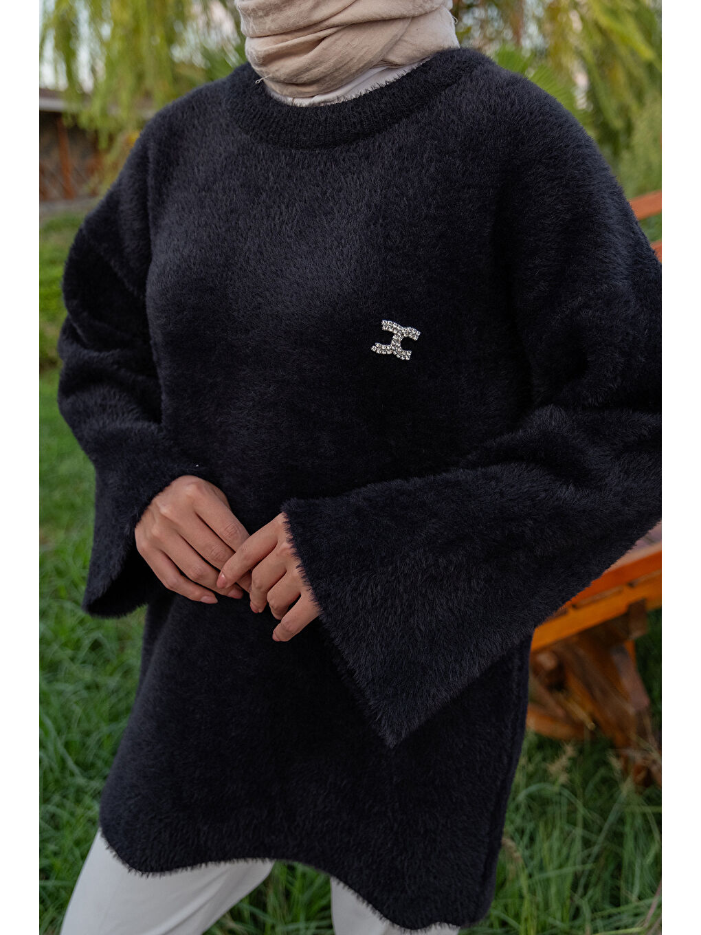 Kadın Taş Detay Triko Tunik Siyah-4