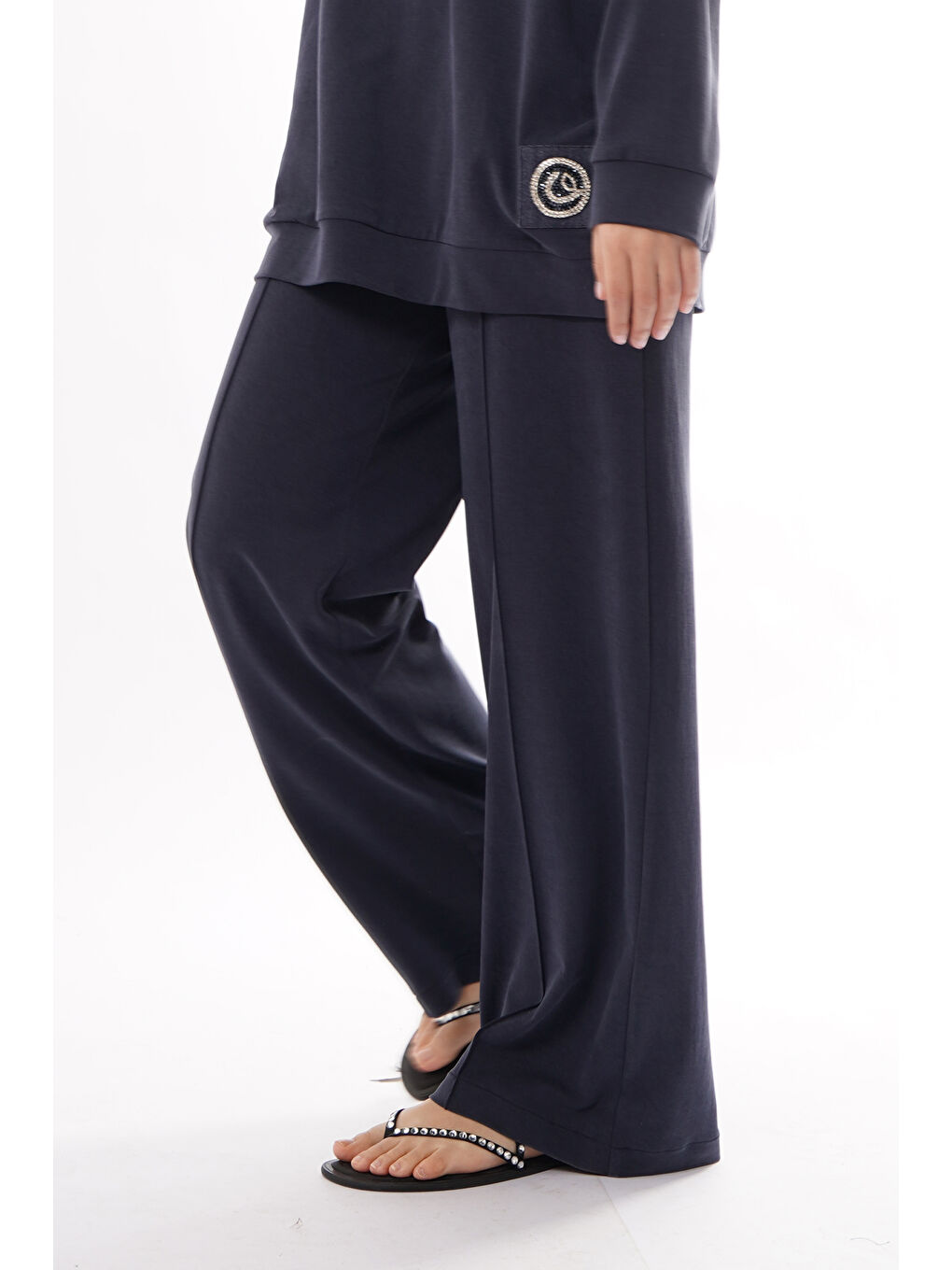 Önü Nervürlü Lyocel Örme Bol Paça Pantolon 343 Lacivert-1
