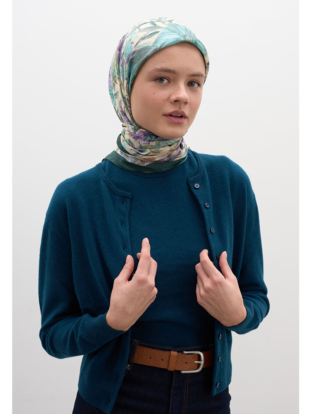 Vıntage Garden Desen Pamuklu Viskon Eşarp Petrol-1