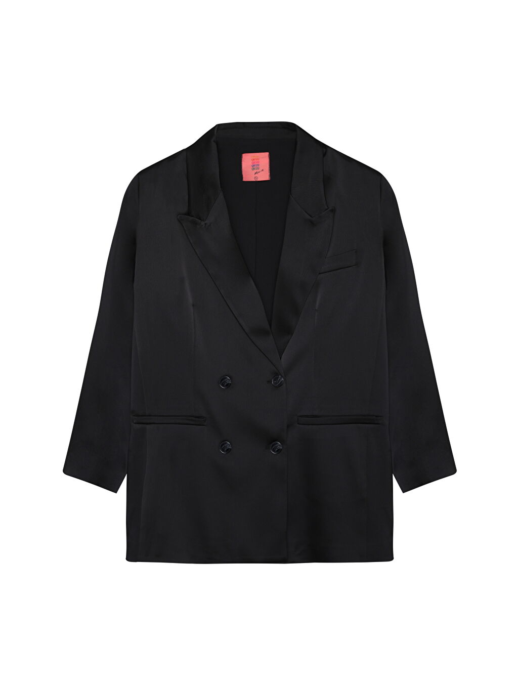 QUZU Siyah Kruvaze Yaka Saten Oversize Blazer Ceket Siyah