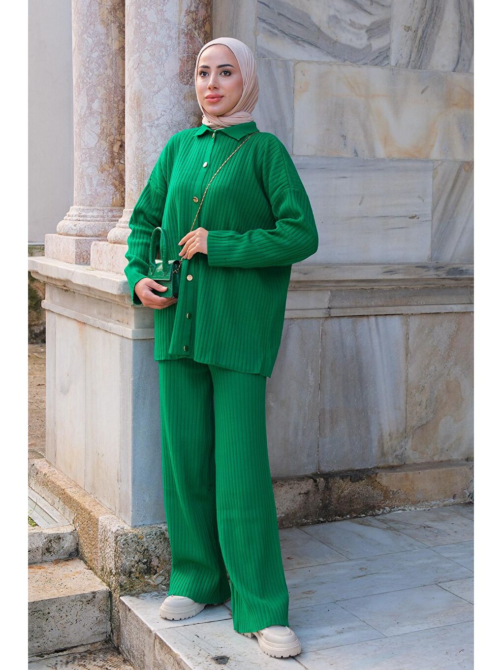 Gold Düğmeli Fitilli İkili Takım Yeşil