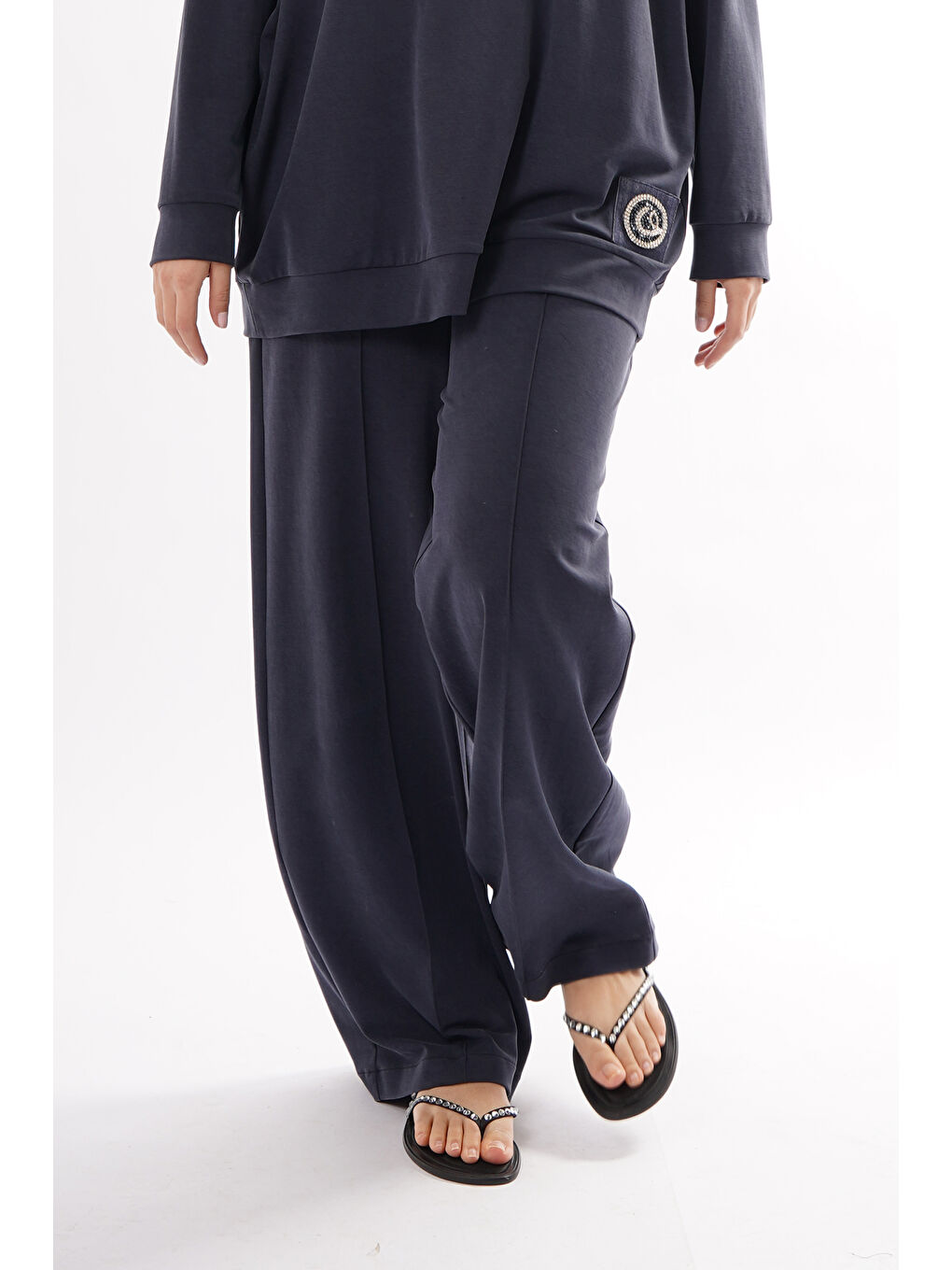 Önü Nervürlü Lyocel Örme Bol Paça Pantolon 343 Lacivert-2