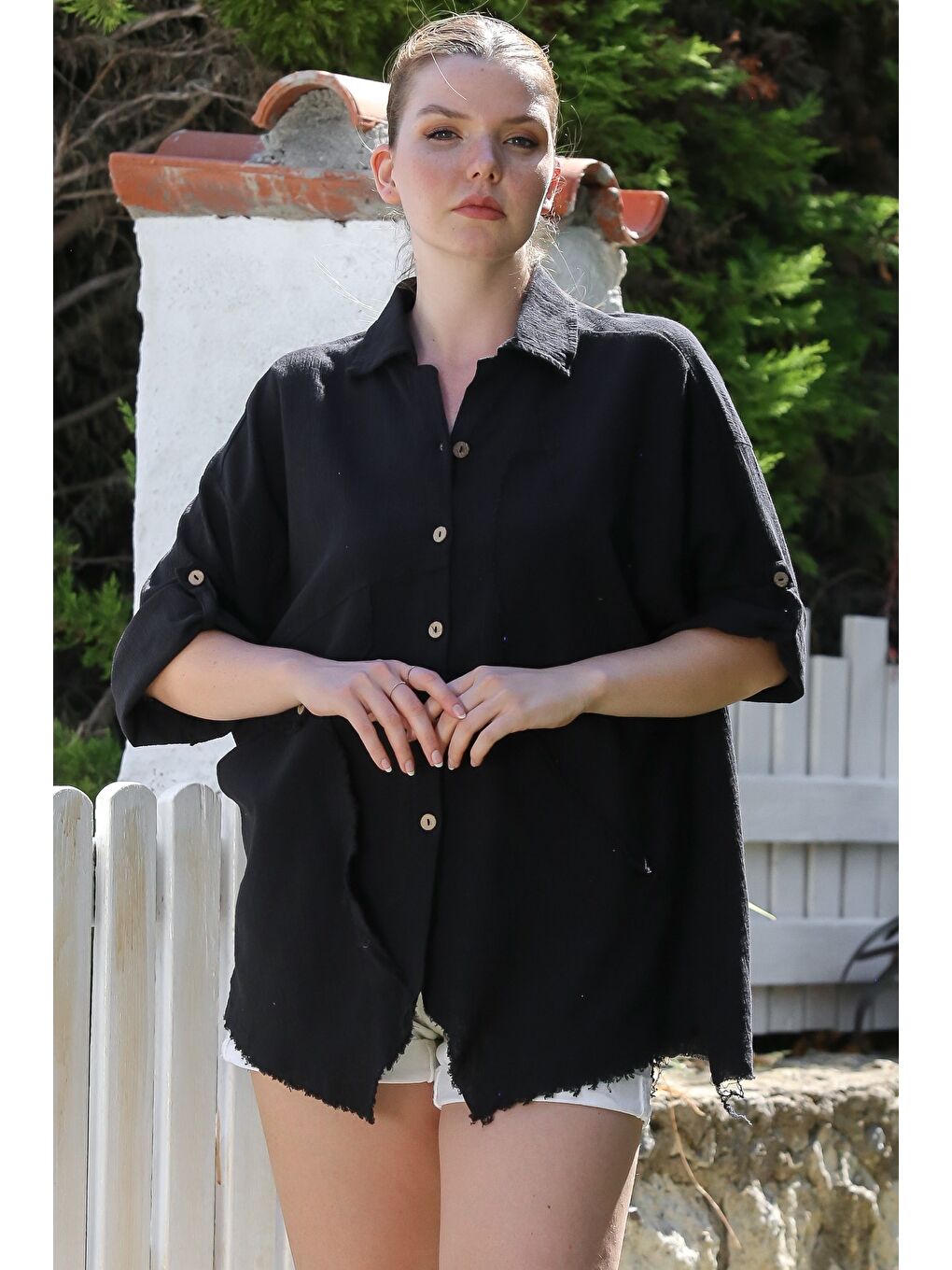 Siyah Gömlek Yaka Düğmeli 3/4 Kol Casual Dokuma Gömlek 70 65-3