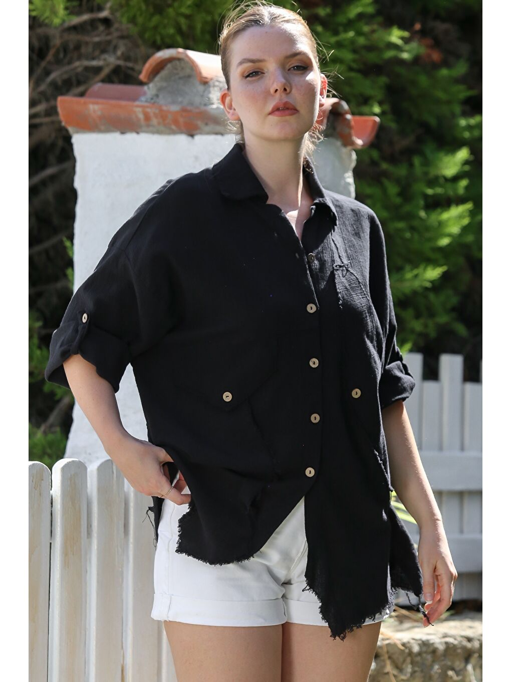 Siyah Gömlek Yaka Düğmeli 3/4 Kol Casual Dokuma Gömlek 70 65-4