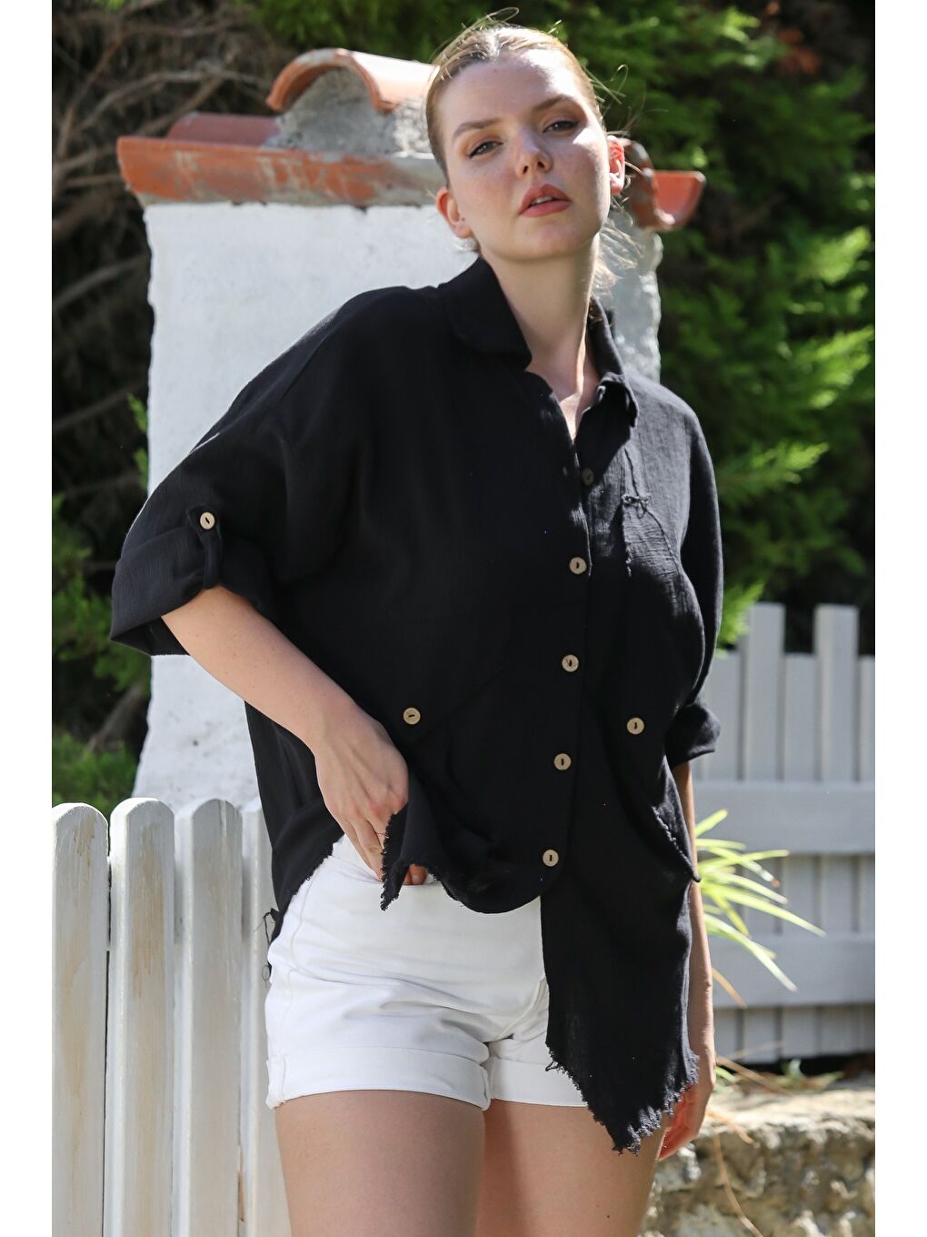 Siyah Gömlek Yaka Düğmeli 3/4 Kol Casual Dokuma Gömlek 70 65-6