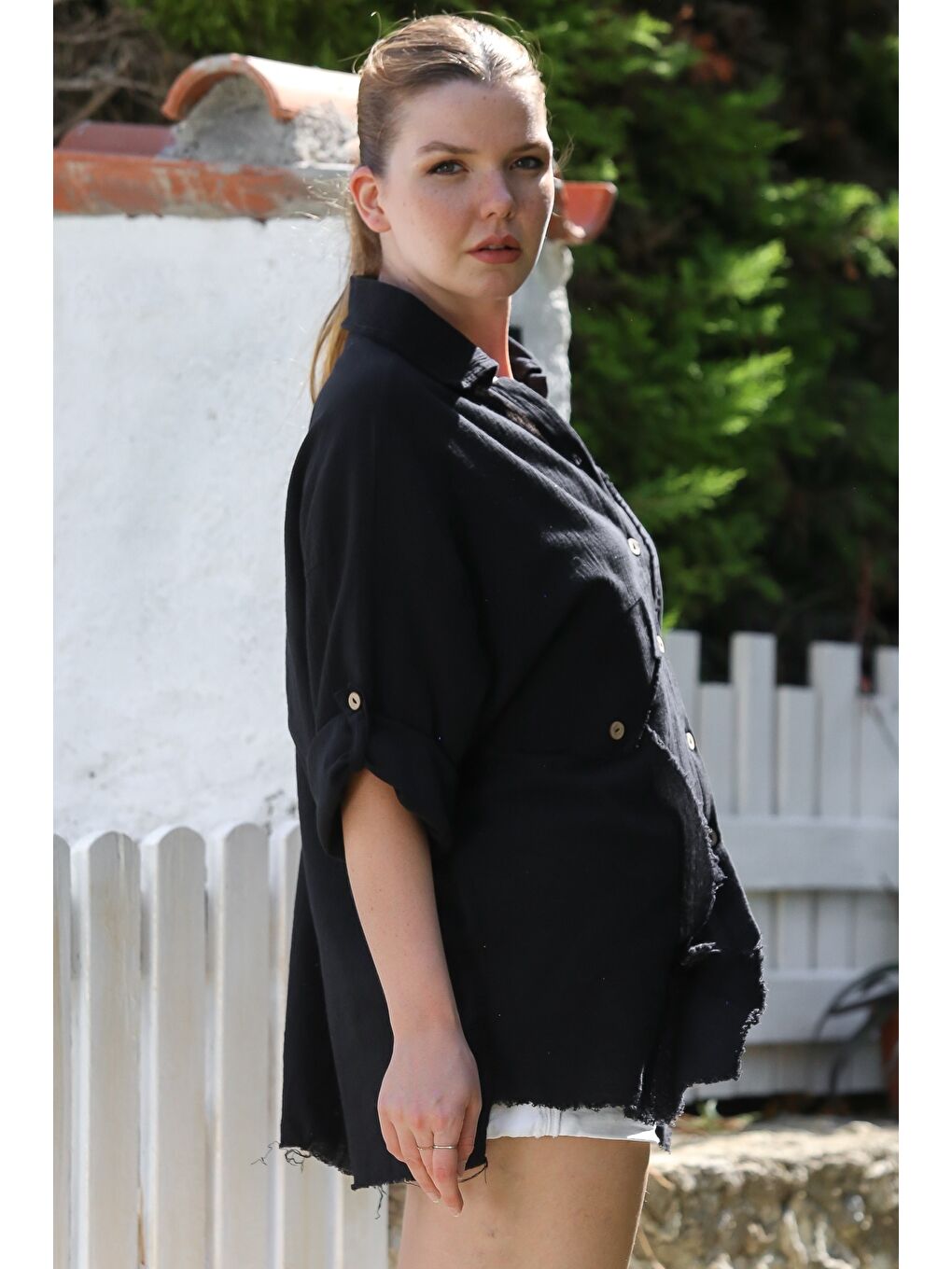 Siyah Gömlek Yaka Düğmeli 3/4 Kol Casual Dokuma Gömlek 70 65-7