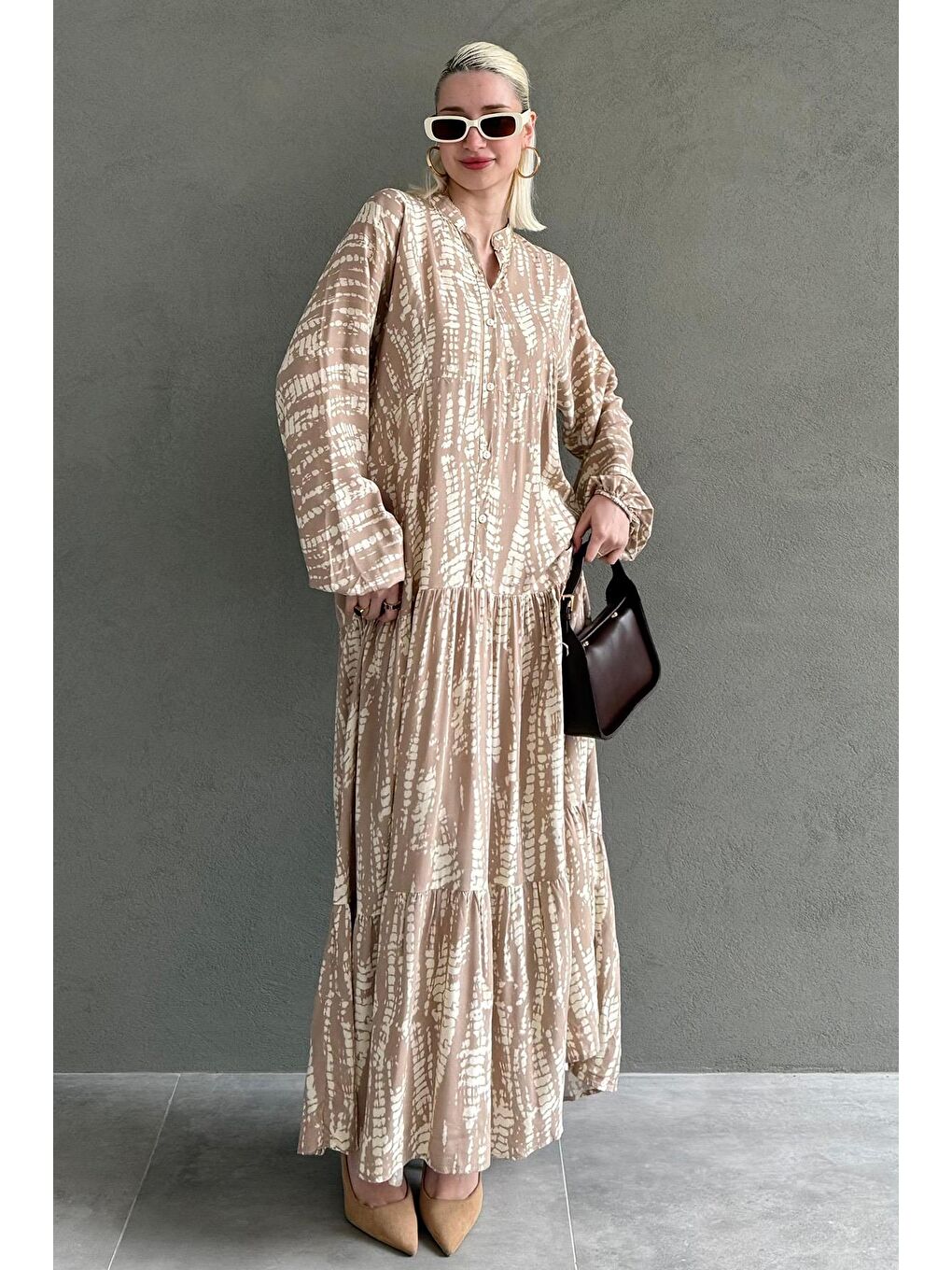 Bej Desenli Önü Düğmeli  Uzun Kollu Elbise Mg2398-2