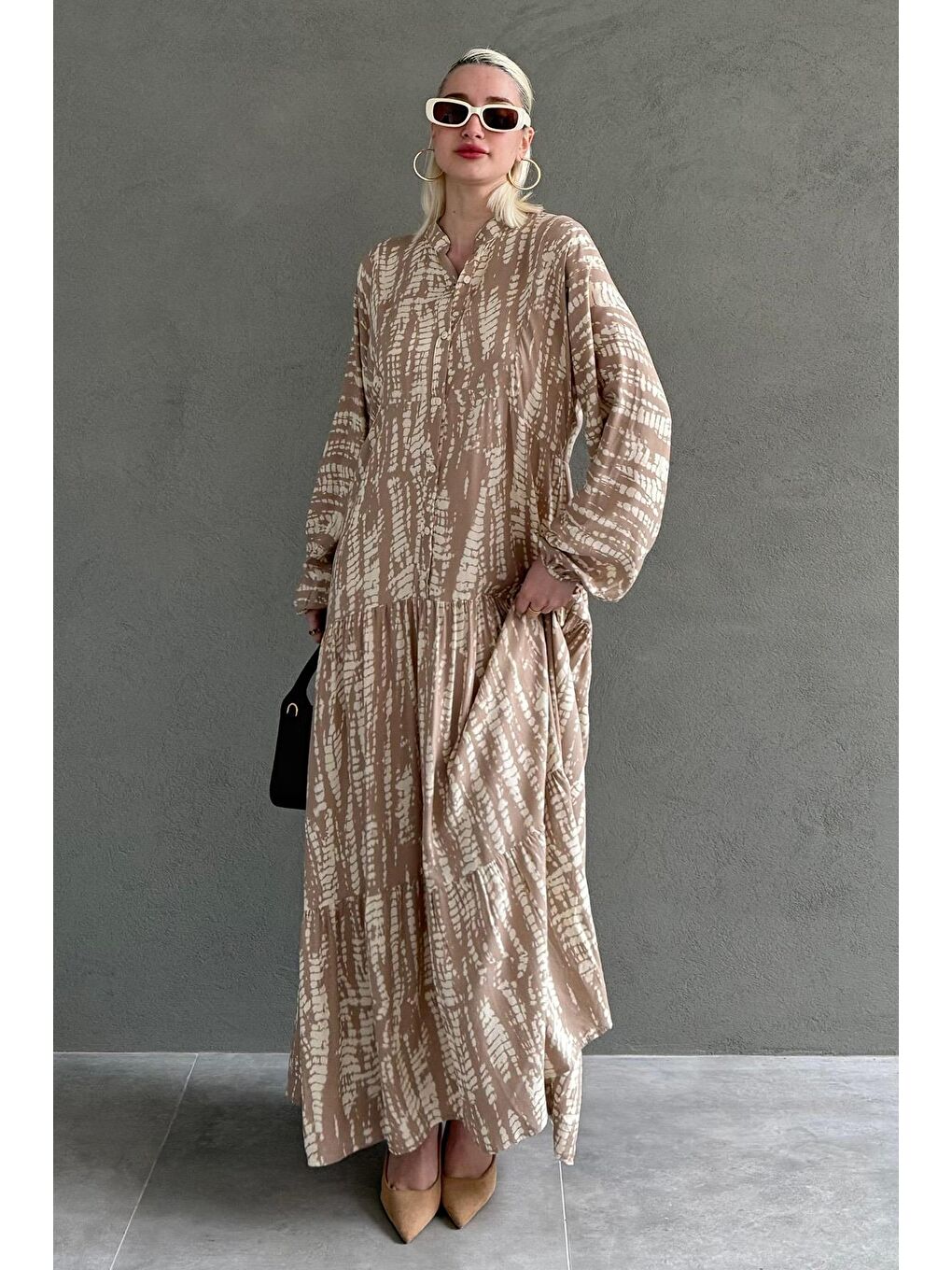 Bej Desenli Önü Düğmeli  Uzun Kollu Elbise Mg2398-3