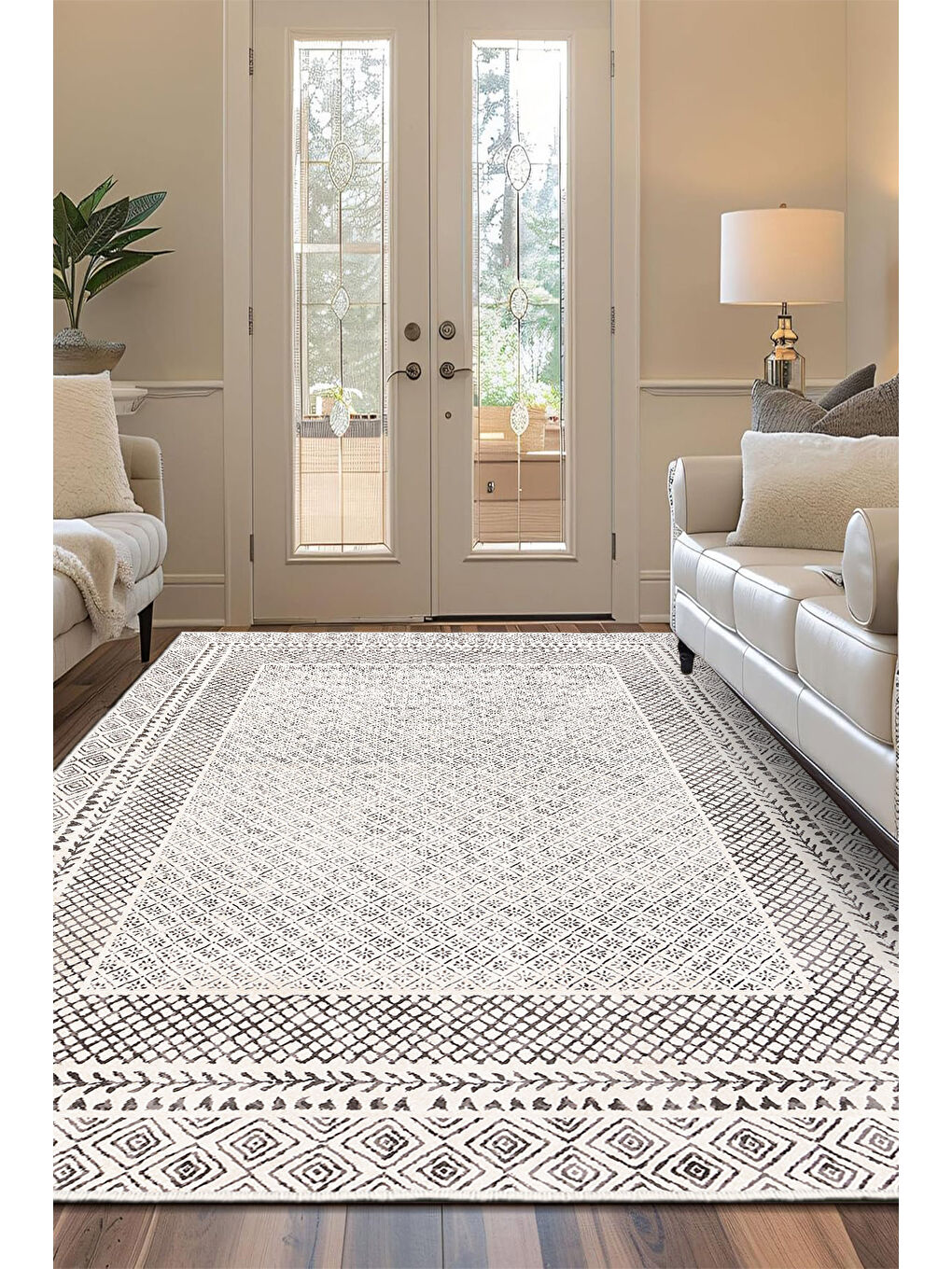 Bej Dekoratif Özel Tasarım Yıkanabilir İnce Kaymaz Tabanlı Modern Halı KECE FR32-2