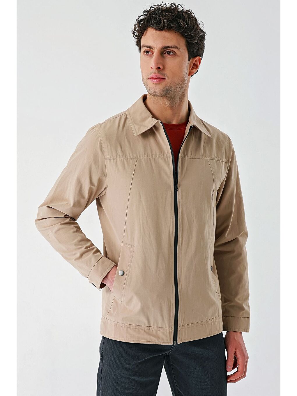 Açık Bej Bez Ayağı Polo Yaka Düz Tam Astar Slim Fit Casual Mont 1007240101