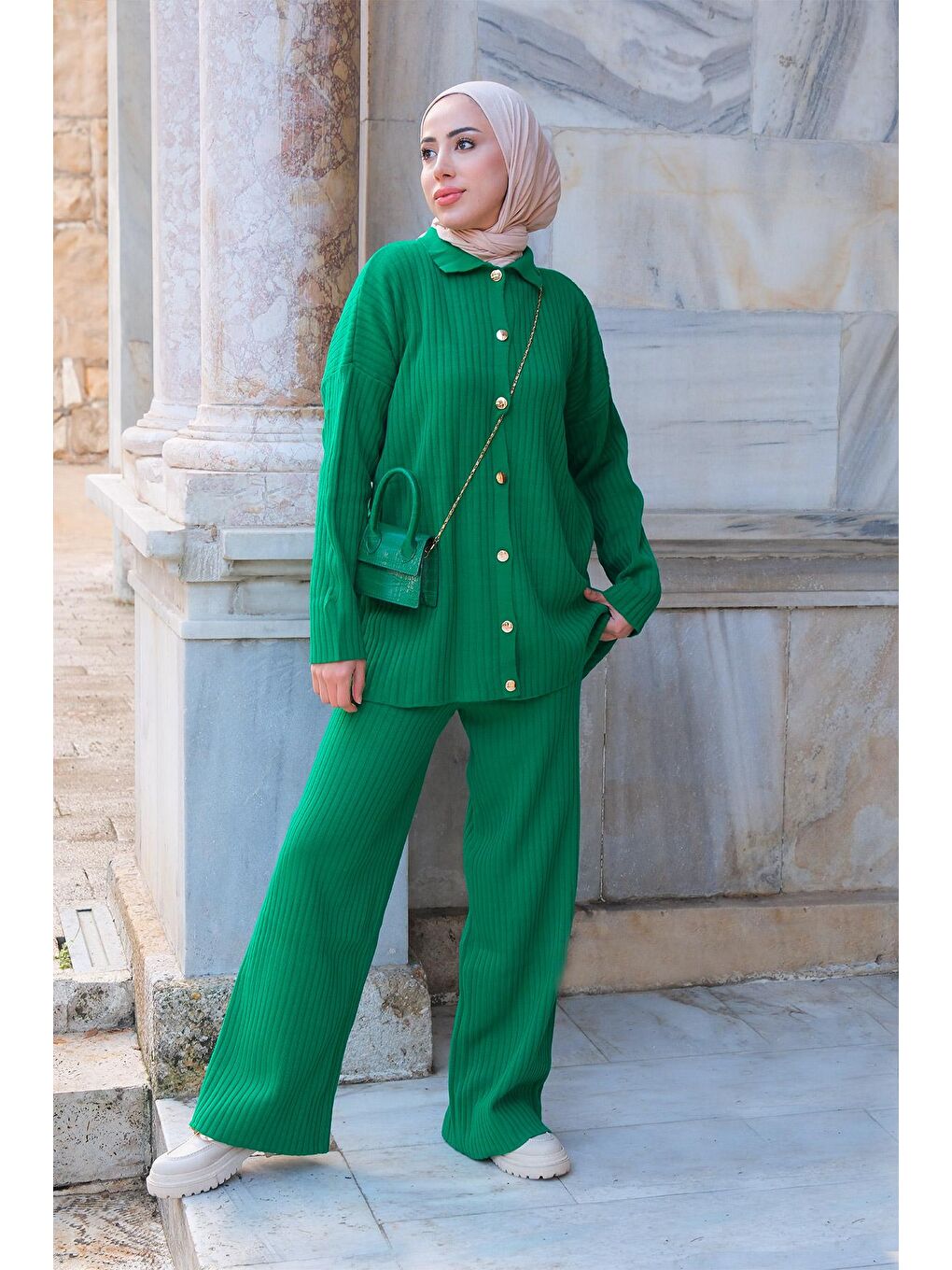 Gold Düğmeli Fitilli İkili Takım Yeşil-1