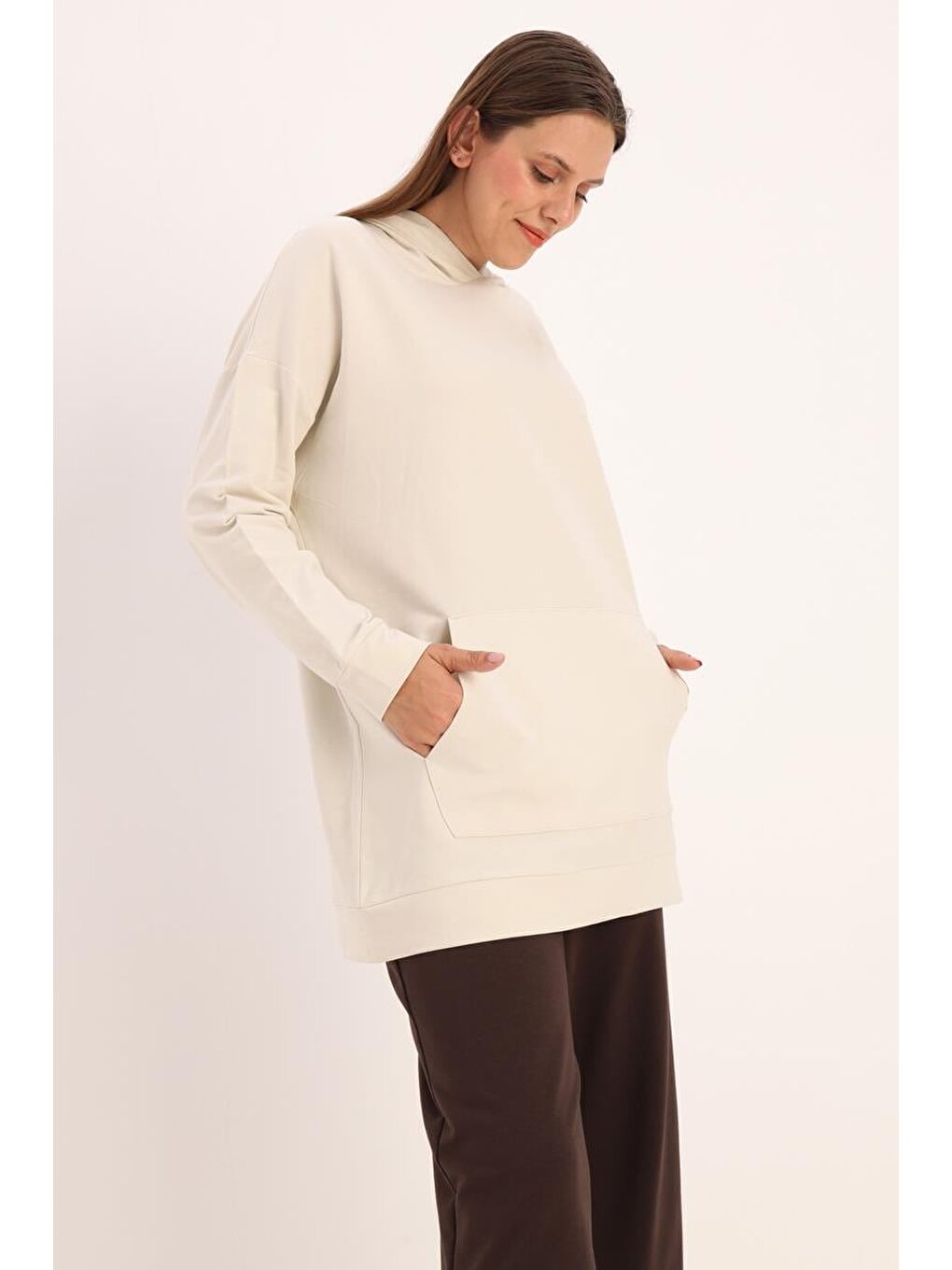 Bej Taş Kapüşonlu Kanguru Cepli Sweatshirt